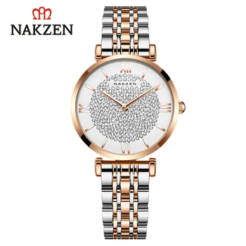 

Women Watch Quartz Japan Movement 2025 Rhinestone Roman Scale Dial Stainless Steel Gold-plated Strap Female Clock NAKZAN SS4056L