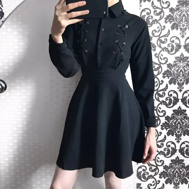 Rosetic-Gothic-Mini-Dress-Black-Lace-Up-Women-Autumn-Casual-Dress-A-Line-Button-Lapel-Fashion