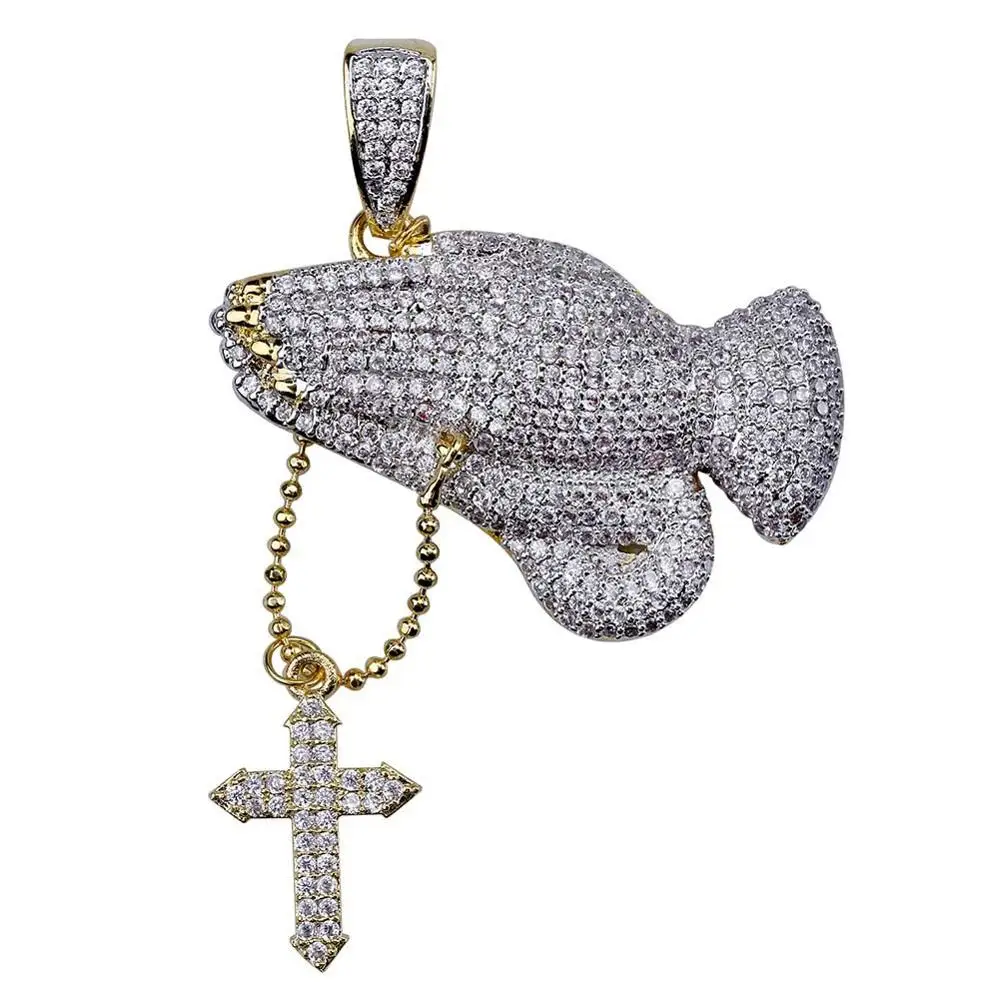 Jesus Christian Cross Prayer Gesture Retro Necklace Micro pave Zircon Hip hop Ice Out Men Women Fashion Pendant Jewelry | Украшения и