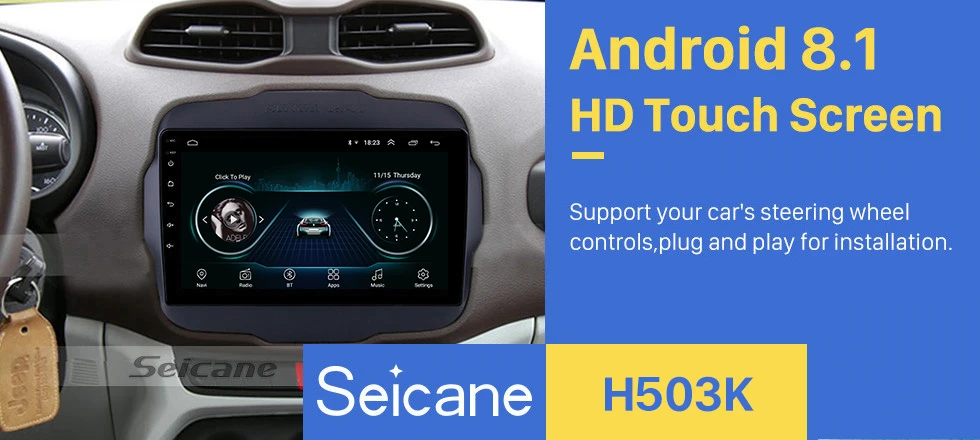 Seicane 9 дюймов 2Din Android 8,1 четырехъядерный автомобильный Радио мультимедийный плеер для Jeep Renegade Bluetooth Wifi gps головное устройство