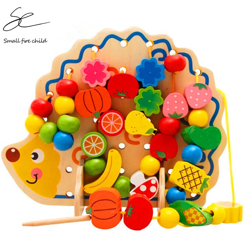 Günstig Montessori Spielzeug Kinder Frühe Pädagogische Lern Puzzle Holz Spielzeug 82 PCS Hedgehog Obst Perlen Übung Hände auf Fähigkeit