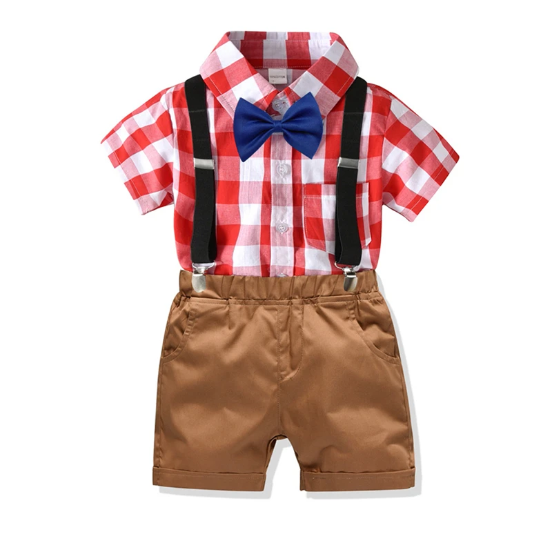 New Summer Baby Boy Gentlemen Clothes Set Plaid Bow Tie Shirts Top Overalls Suspender Pants Shorts 2PCS Outfit Kid Party |
