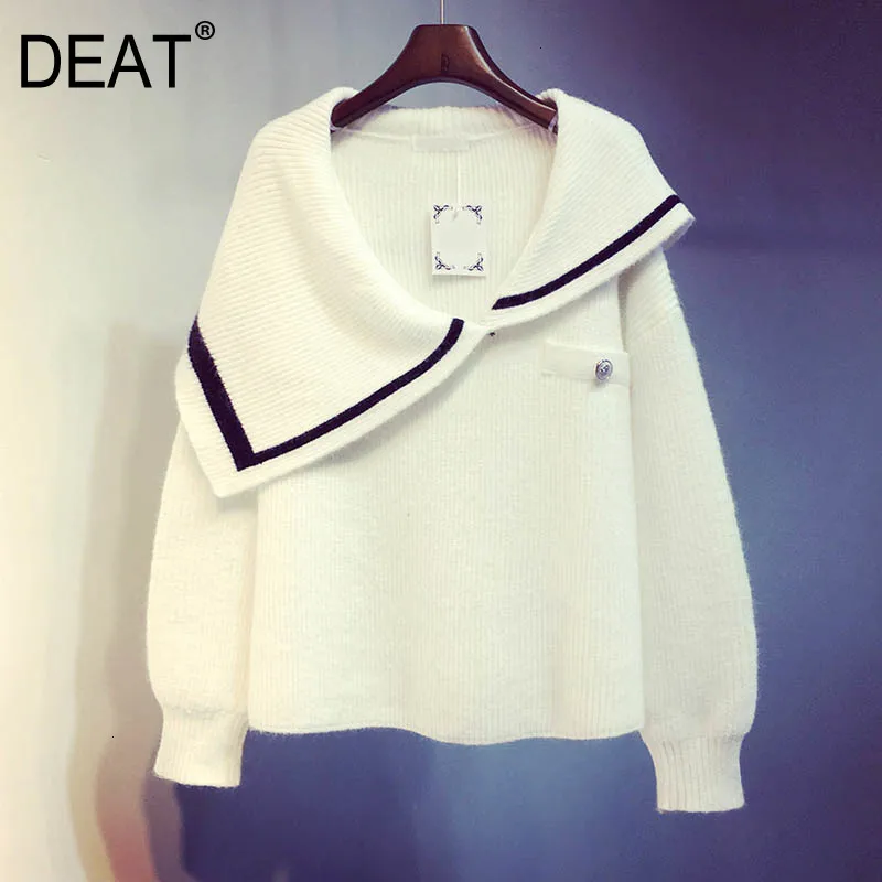 

[DEAT] Hit Color Knitting Puffover Sweater Loose Fit Stand Neck Long Sleeve Women New Fashion Tide Autumn Winter 2019 13E257
