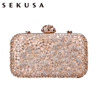 

SEKUSA New arrival hollow out style clutch diamonds metal luxury evening bags flower chain shoulde case box