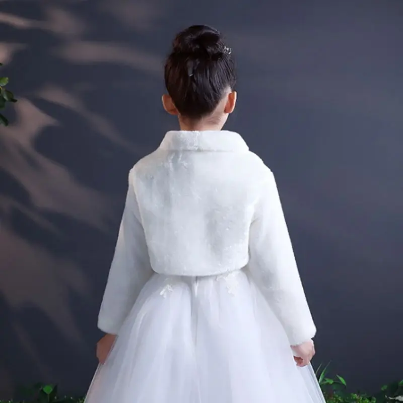 Kids Princess Thicken Plush Wraps Shawl Flower Girls Long Sleeve Bolero Shrug Cape Wedding Birthday Party Jacket with Pompom Tie