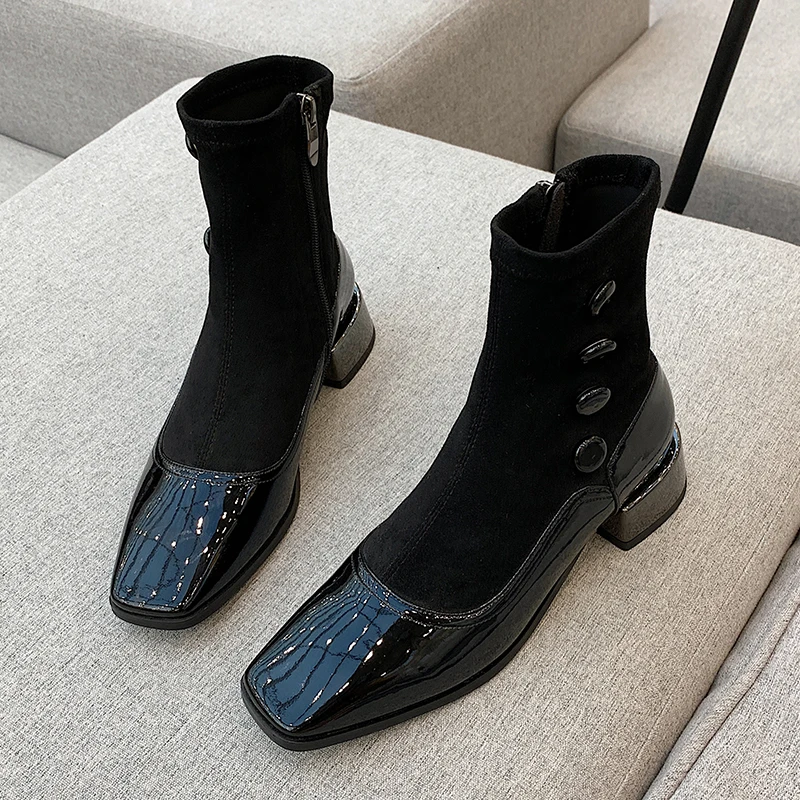 Women Boots Sock Knitting Winter Fashion High Heel Shoes Ladies Sock Boots Square Heels Stretch Fabric Woman Ankle Booties