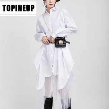 

Women Solid Color Lapel long Sleeves Tulle patchwork mesh irregular Shirt plus size dress