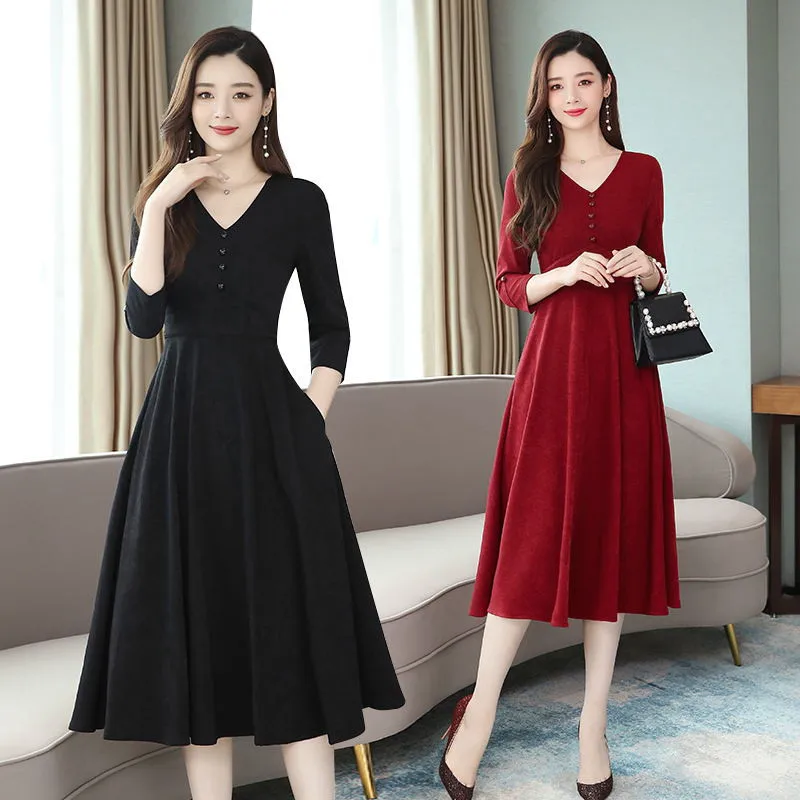 

Solid Black Wine Red New Women Dresses 2019 Autumn Plus Size Women Clothing Vintage Dress Casual Elegant Vestidos