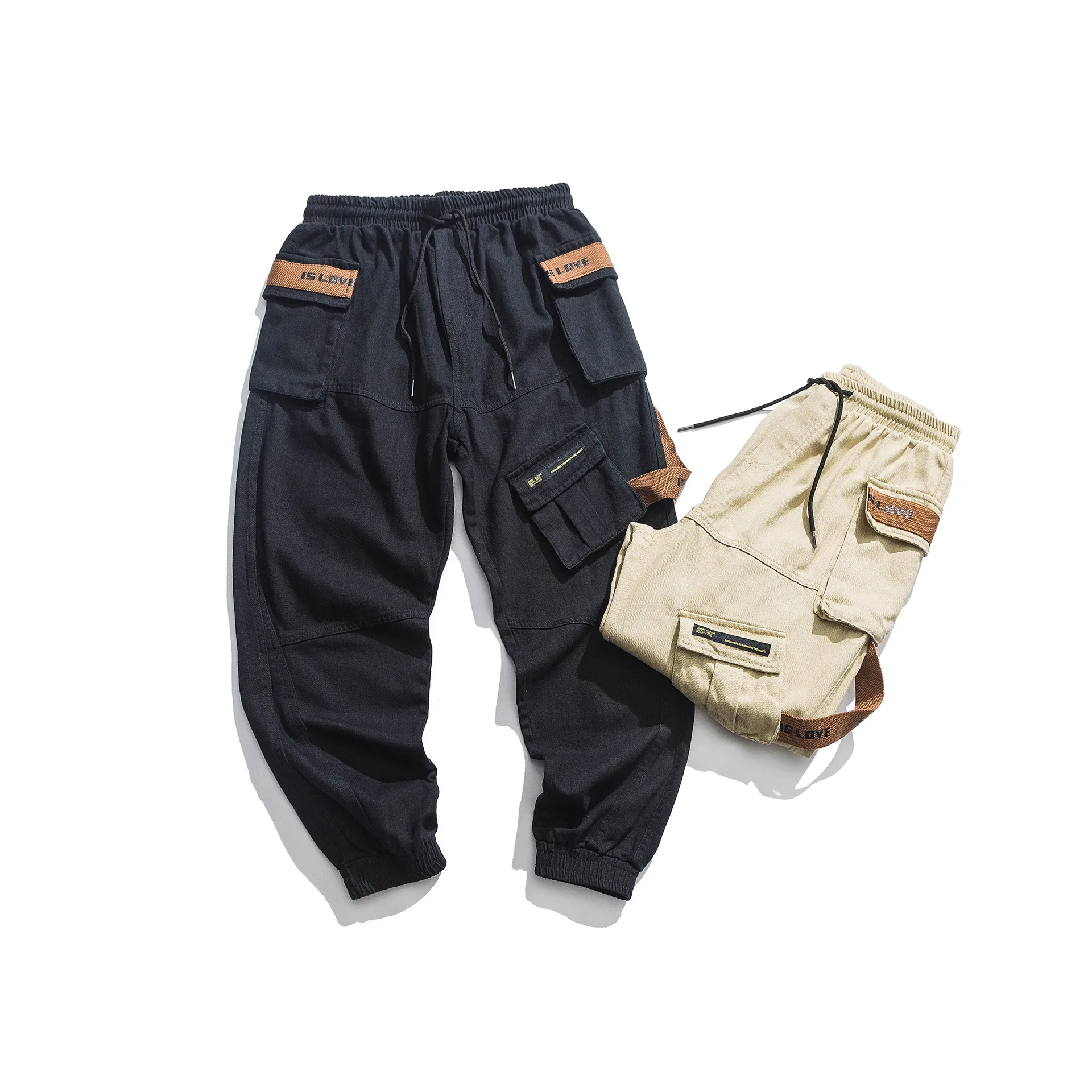 

City Where the Product Autumn New Style Lettered Webbing Ankle Banded Pants Multi-pockets Lace-up Bib Overall Trend Men's Trouse