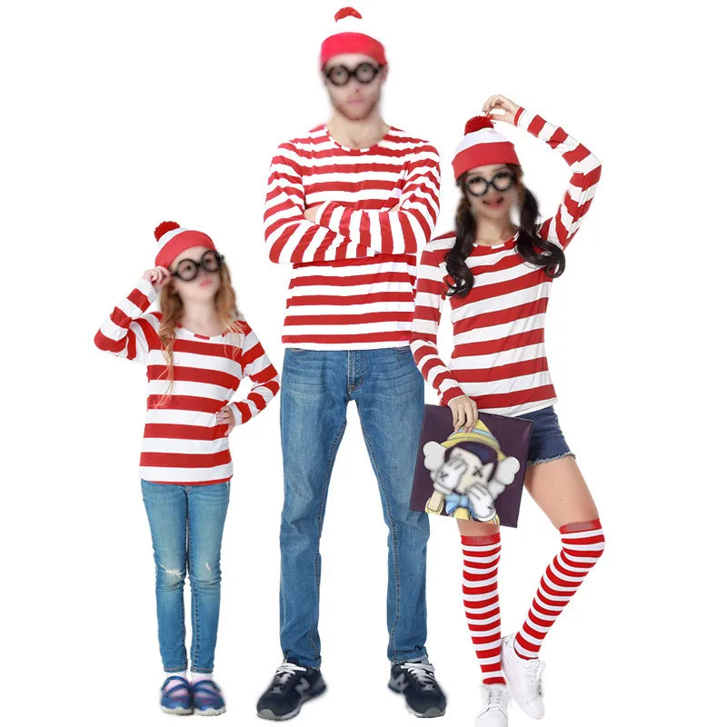 Костюм для косплея на Хэллоуин для родителей и детей, красная полосатая рубашка+ шляпа+ очки, 110 120 130 140