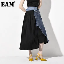 [EAM] синяя Асимметричная плиссированная джинсовая юбка средней длины с высокой эластичной талией, черная женская модная одежда, Новинка весна-осень JZ2650
