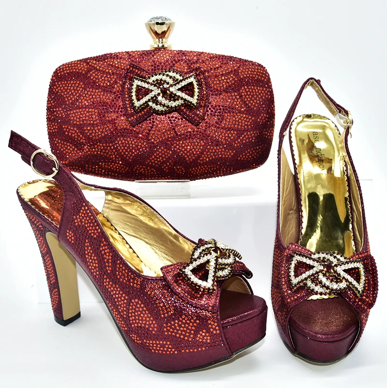 

Sandal shoes lady matching clutches bag with full rhinestones flowers elegant wine red italian shoes and bag SB8448-5