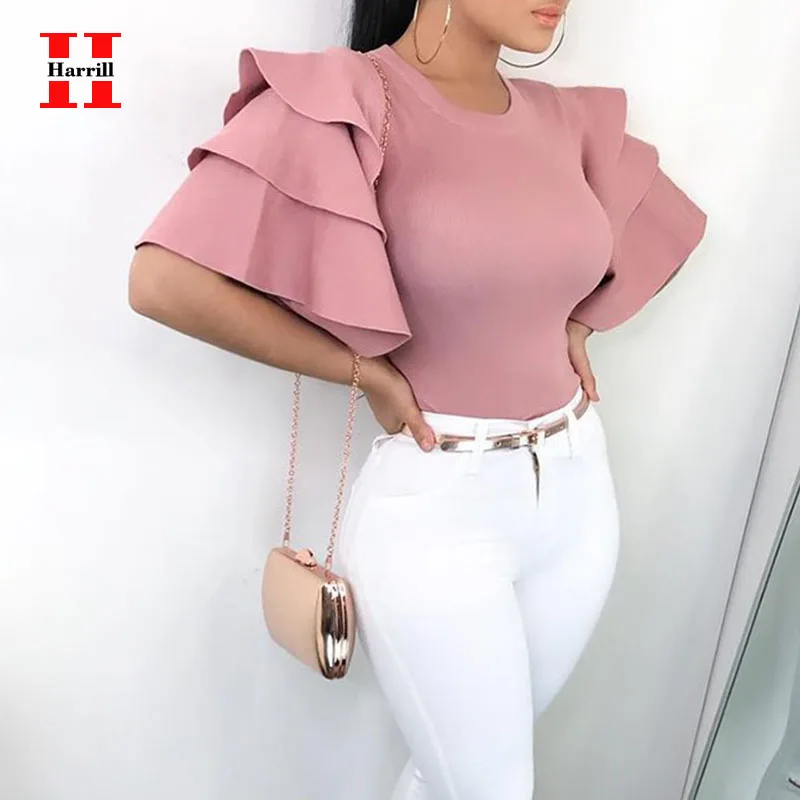 

Harrill Blouses office Ladies Tops Ruffle Half Sleeve Blouse Women Clothes Streetwear Summer Short Tops Women Blouses