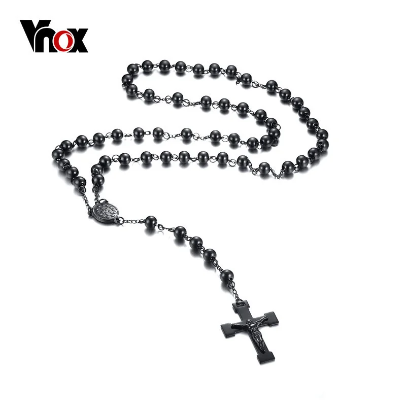 Vnox Herren Kette Perle Rosenkranz Kreuz Halskette Edelstahl Schwarz Jesus Christus Charme Männlichen Schmuck