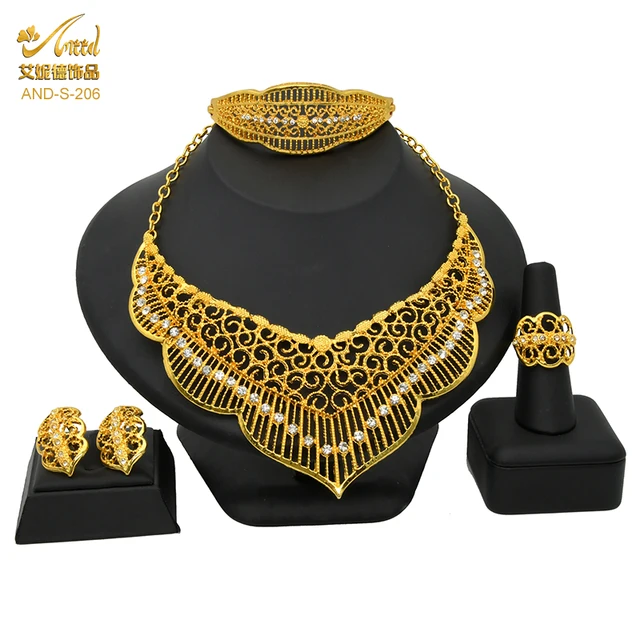 Indian Jewelry Set Wedding 24k Gold Color African Jewelry Dubai Bridal Sets Nigerian Necklace Bracelet Earring Gold Jewellery S-206-Gold