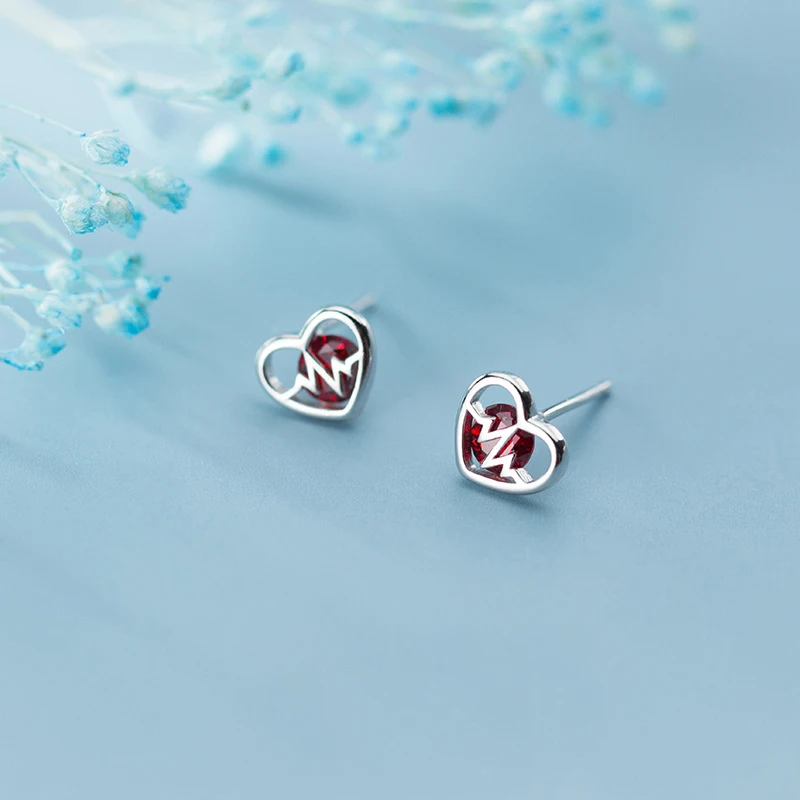 MloveAcc Red Heart CZ Zircon Earrings 925 Sterling Silver ECG Heartbeat Stud for Girls Gifts | Украшения и аксессуары