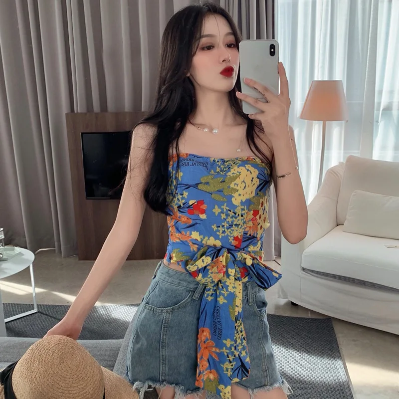 

2019 Summer New Style Korean-style Fashion Sexy Bandage Cloth off-Shoulder Slimming Wrap-around Outer Wear Base Shirt Vest Blous