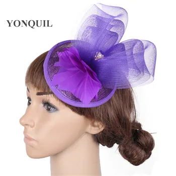 

Sinamay purple hair fascinator women wedding hat feather flower party fedora cap with hair pin bridal fashion headpiece ladies