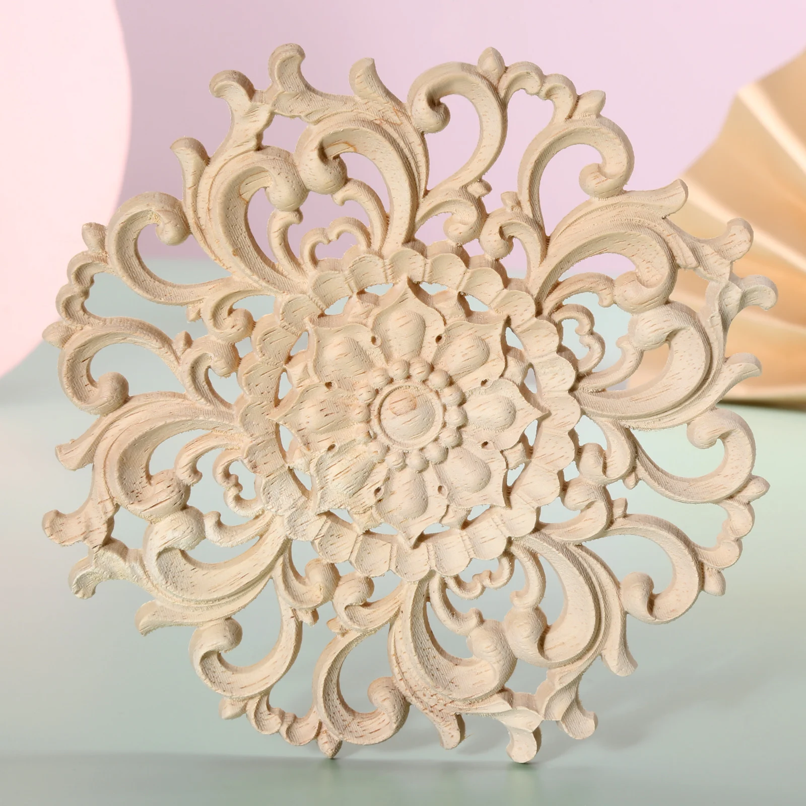 1pc Round Flower Wood Carving Decal Unpainted Disc Onlay Decor Door Furniture Symmetrical Court European Style 10cm 3D Disc self adhesive handles