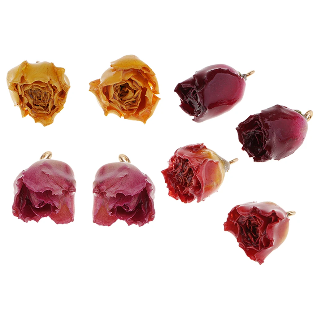 4 Pair Natural Real Dried Flower Rose Charms Pendants Epoxy Resin Covered w/ Loop DIY Charm for Jewelry Making Crafts