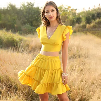 

Women's V-neck Sleeveless Midi-Skirt Slim-Fit Two-Piece Flounced Sleeves Dress two piece set skirt Sexy casual short skirt suit