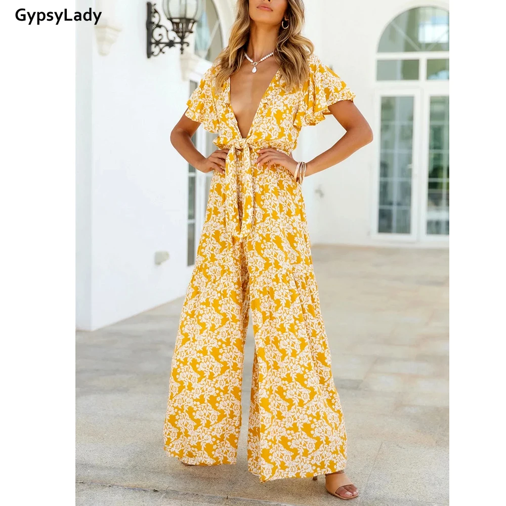 

GypsyLady желтые винтажные Цветочные Комбинезоны в стиле бохо Летние повседневные пикантные Женские повседневные Комбинезоны с V-образным вырезом комбинезоны с поясом