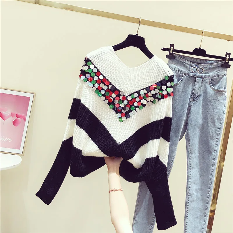 2020 Spring Korean Style New Spring V-neck Black and White Striped Sequined Batwing-Sleeve Sweater Women's Loose-Fit Sweater