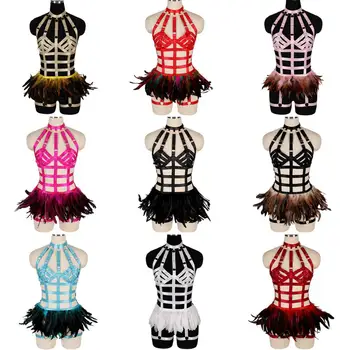 

Full Body Feather Skirt Harness Bra Tops Cage Hollow Out Belt Garter Harajuku Stockings Festival Party Elastic Adjust Lingerie
