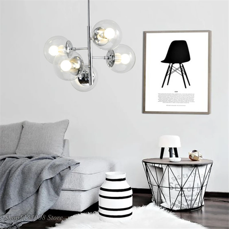 Современная светодиодная люстра, люстра в скандинавском стиле, люстра для столовой, спальни, железный стеклянный шар, ламповый дизайн, хромированный серебристый Блестящий светильник, светильники