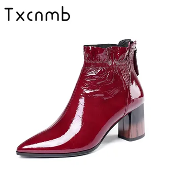 

TXCNMB Genuine Leather Chelsea Boots Women Cute Black Red High Heels Winter Wedding Shoes Woman Zip Ankle Boots Drop Shipping