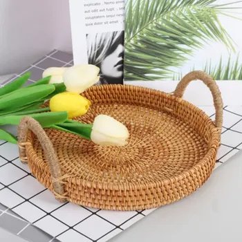 

Rattan Handwoven Round High Wall Severing Tray Food Storage Platters Plate Over Handles For Breakfast Drink Snack Display Basket