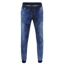 Модные мужские Стрейчевые джинсовые брюки с потертостями, облегающие джинсы с карманами и завязками, обтягивающие узкие брюки для пробежек# S