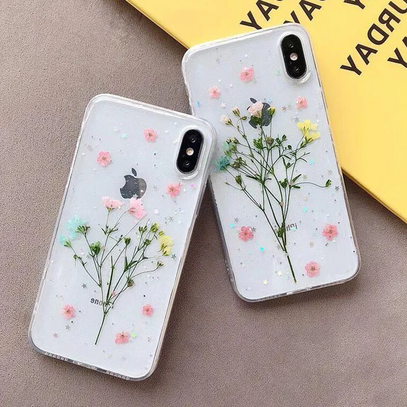 

Real Flowers Dried Flowers Transparent Soft TPU Epoxy Cover For iPhone X 6 6S 7 8 plus Phone Case For iphone XR XS Max Cover