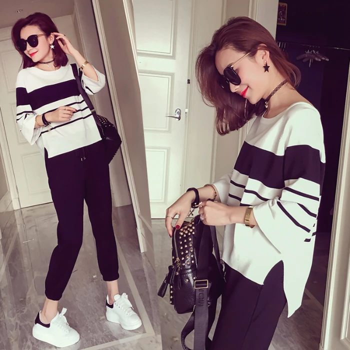 Irregular Striped Breastfeeding Sweater+Full Length Pants Twinset Postpartum Women Autumn Breastfeeding Nursing Clothes Set