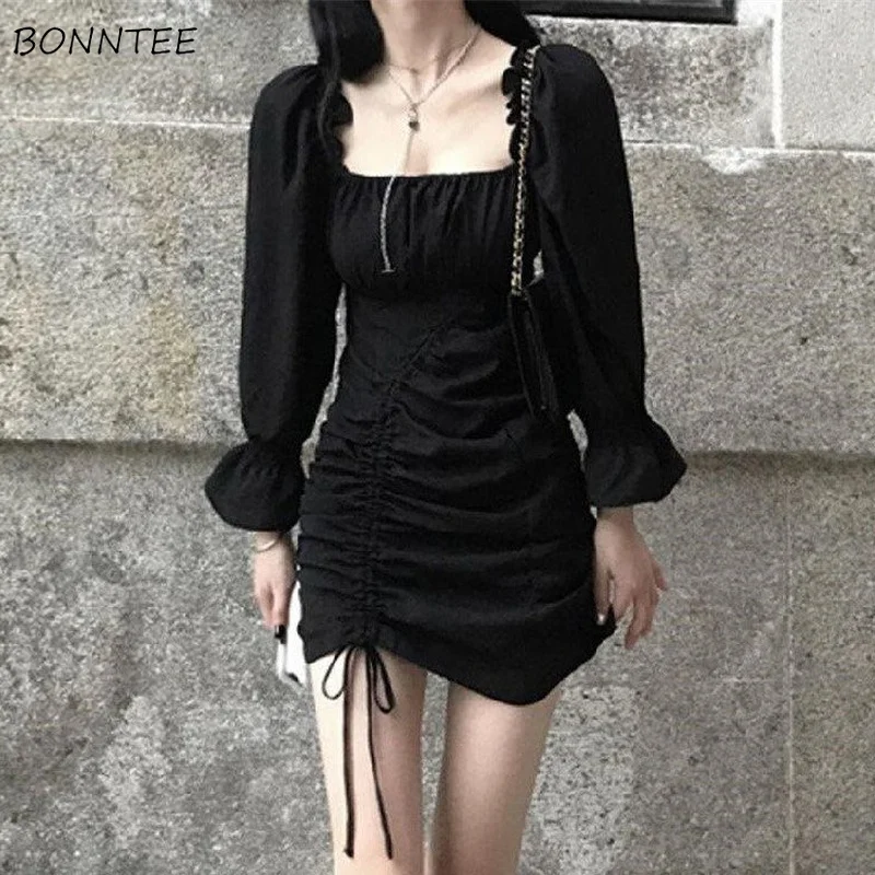 Женское осеннее платье с длинным рукавом модное облегающее однотонное