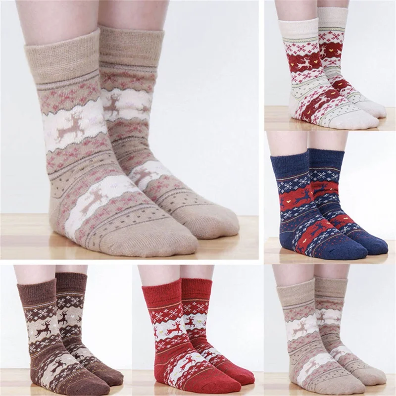 

One Size Festival National Style Sports Socks Cute Deer Printed Woolen Spring Autumn Soft Moisture Wicking Hosiery Xmas Socks