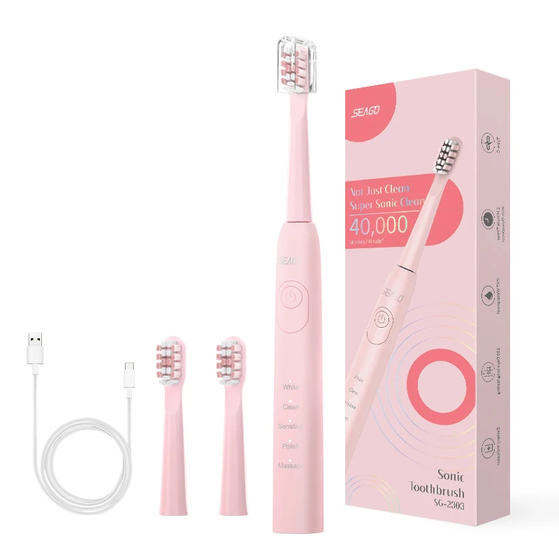 Seago Sonic Electric Toothbrush Adult Dental Cleaning Fully Waterproof Smart Timer Teeth Brush 3 Heads 5 Working Modes | Бытовая
