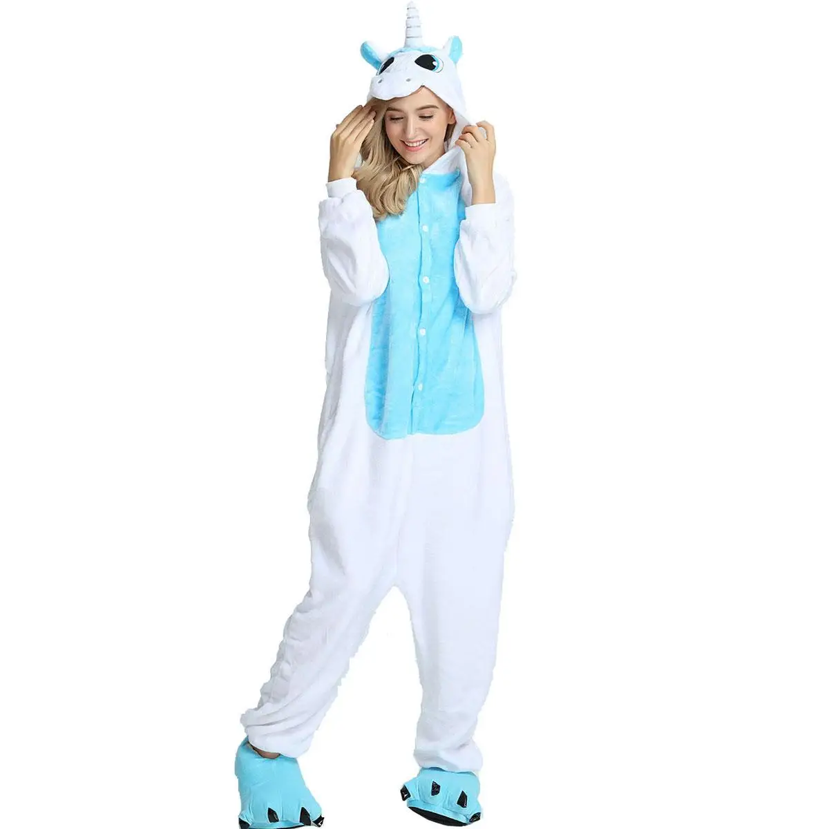 Blue Unicorn FL Костюм животных единорога для взрослых девочек Детские ползунки «панда» кигуруми фланелевый стежок женский аниме-комбинезон Маскировка цельный костюм - Цвет: Blue Unicorn FL