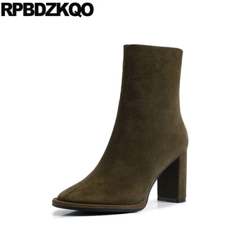 

sheepskin shoes brand women winter boots genuine leather high heel suede pointed toe green designer ankle 2019 round 9 chunky