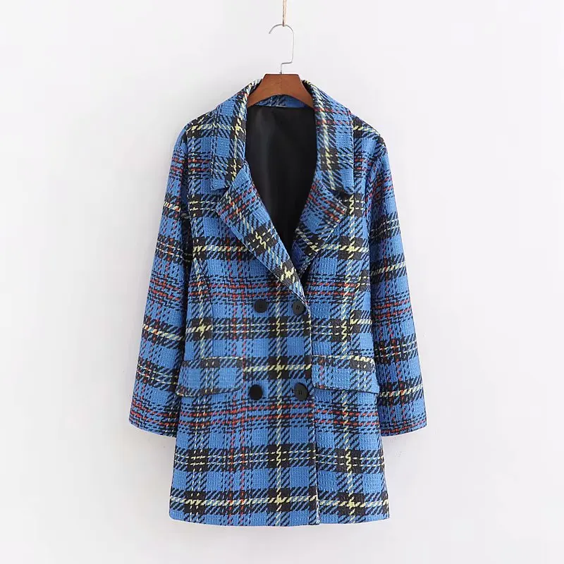 plaid Зимнее двубортное Шерстяные пиджаки Для женщин Модный комплект в клетку с принтом куртки, женские пальто элегантные карманы толстые зимние пальто женские - Цвет: plaid