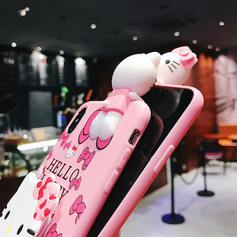 Роскошный 3D милый мультяшный Кот держатель Стенд Розовый силиконовый чехол для телефона iPhone 6S 7 8 plus X XR XS MAX задняя крышка чехол сo шнуром