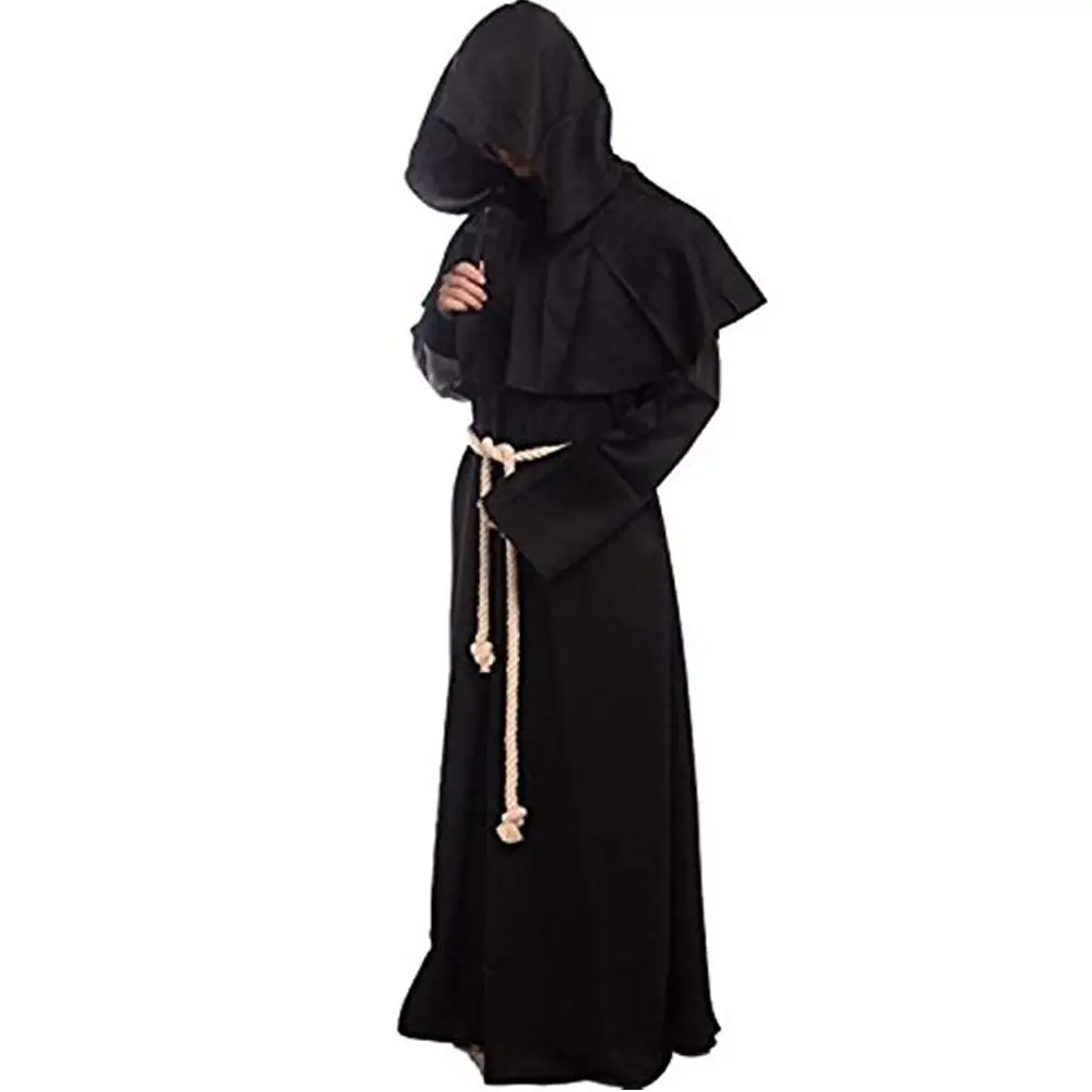 Medieval Costume Men Women Vintage Renaissance Monk Cosplay Cowl Friar Priest Hooded Robe Rope Cloak Cape Clothing