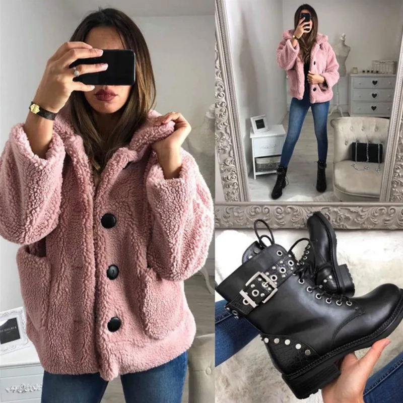 Женские зимние теплые плюшевые темпераментные свободные Кнопки пальто сплошной цвет с длинным рукавом лацкане куртка универсальная верхняя одежда