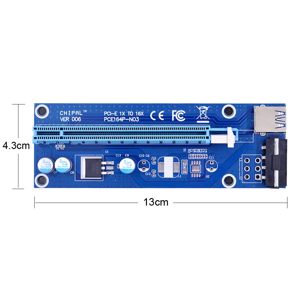 CHIPAL VER006 60CM PCIe PCI-E 1X to 16X Riser Card Extender SATA to 4Pin Power Cord USB 3.0 Data Cable for BTC Miner Bitcoin-1