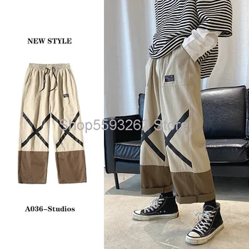 

Season ins washed color matching men's loose straight tooling wide leg pants nine points casual pants Tide brand