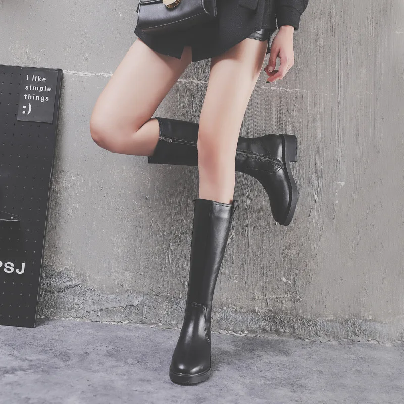 

KW-1 Biker Boots Women's 2019 Autumn And Winter New Style Leather Boot Chunky Heel Side Zipper Knee Martin Thigh Boot