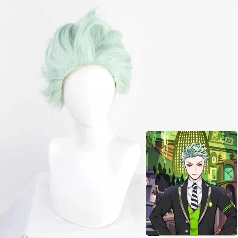 

Twisted-Wonderland Sebek Cosplay Wigs Light Green Short Heat Resistant Synthetic Hair Wig Pelucas + Free Wig Cap