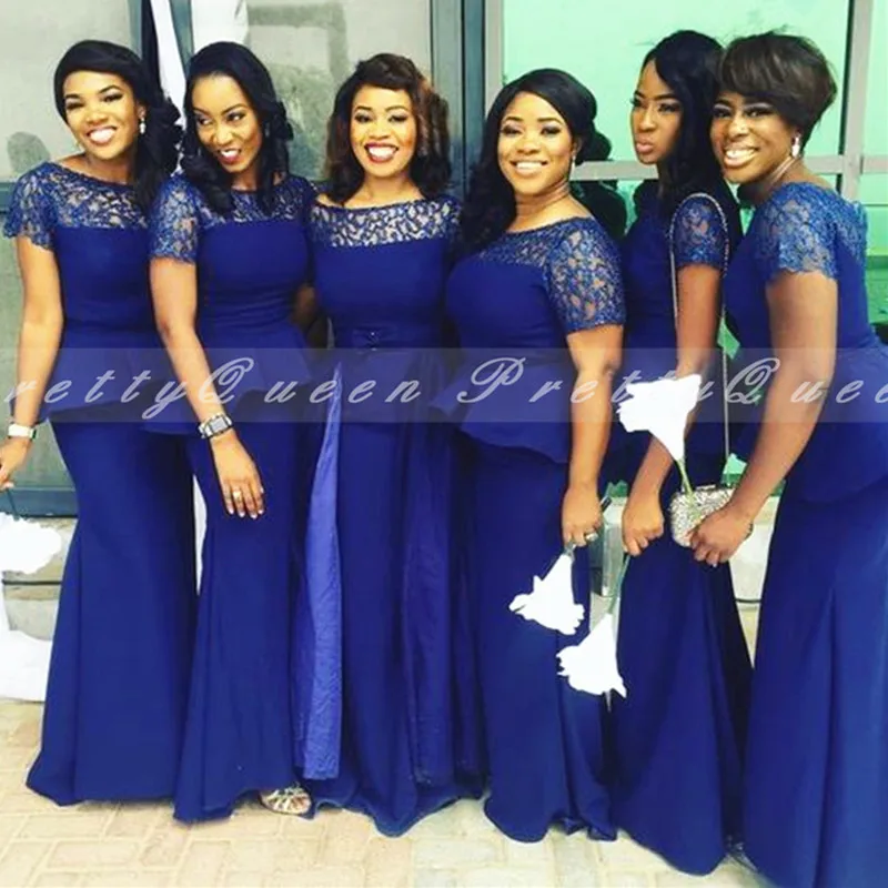 Mermaid Bridesmaid Dresses With Short Sleeves Royal Blue Sheer Neck Long Wedding Party Dress Robe De Soiree Mariage | Свадьбы и