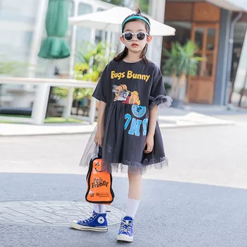 

Girls Mesh Patchwork Cartoon Fashion Summer Dress 2020 New Korean Style Kids Outfit