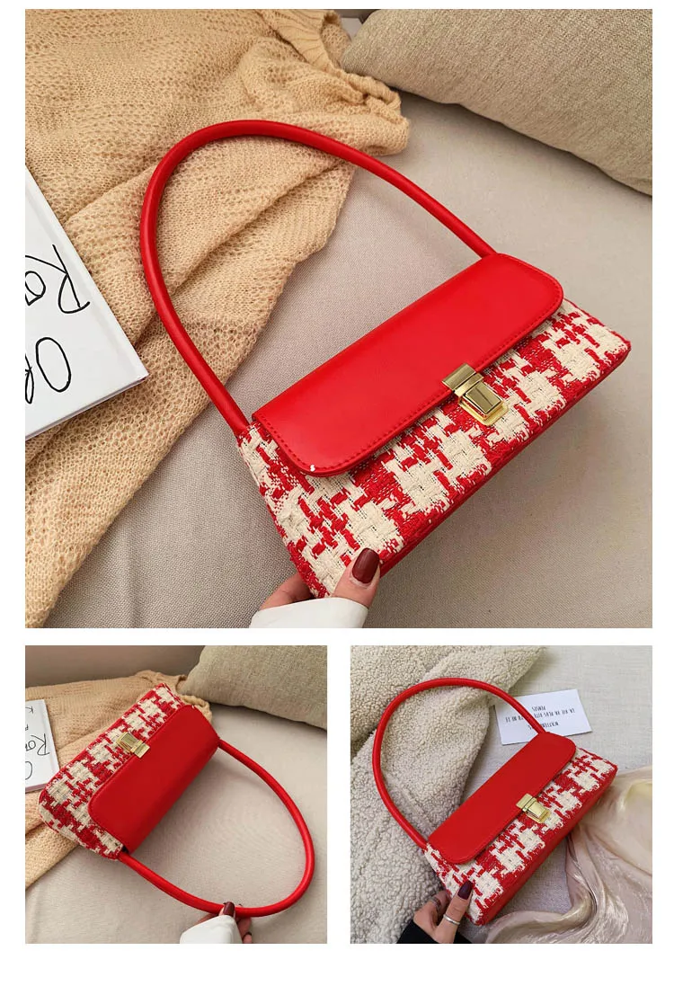 Winter Wool Plaid Small Shoulder Bag for Women Modern Handbags Mini Baguette Bags PU leather Lock Tote Black White Red Green Bag (16)